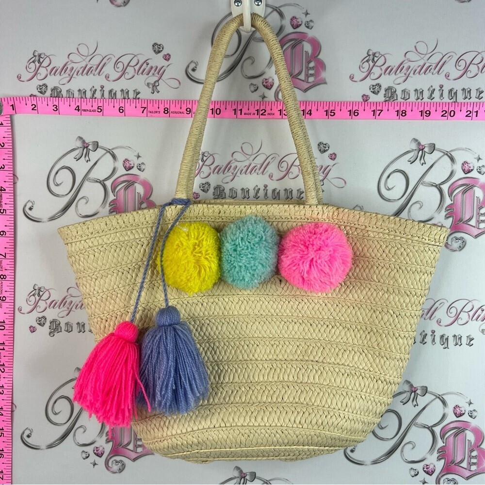 Bag beach tassle Pom Poms Straw Tote Bag with Colorful Pom-Poms and Tassels